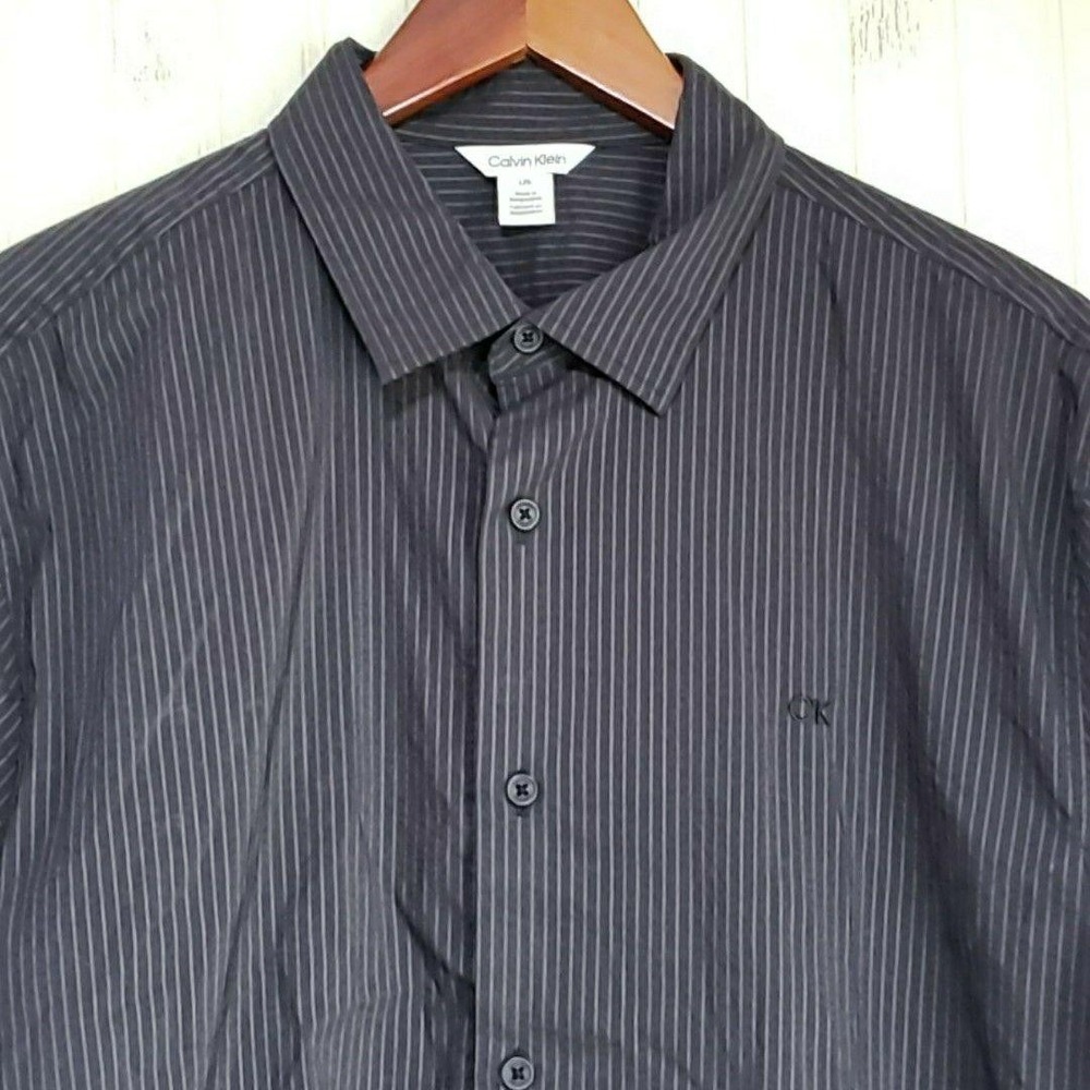 Calvin Klein Dress Shirt‎ Mens L Gray Pinstripe Stretch Long Sleeve Woven